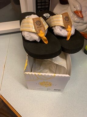 Yellow Box Women's Black Footbed Sandals with Yellow Stripe Fabric Straps